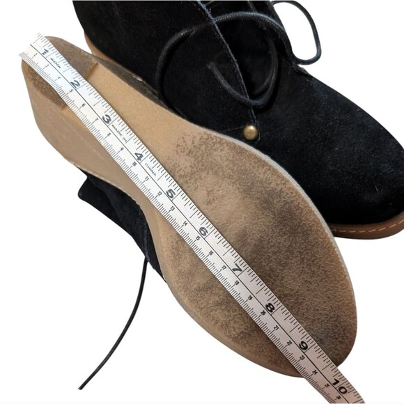 Lucky Brand June black leather suede lace up ankle bootie wedge washed casual - Picture 2 of 10